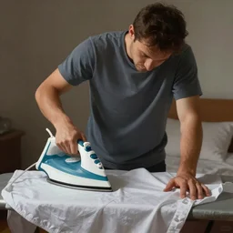 a man ironing his collar shirt on a bed, digital painting, award winning, hyper detailed, dim lighting, high quality, sharp focus, smooth, matte painting, trending on artstation and unreal engine
