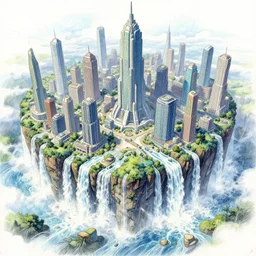 A beautiful illustration of a futuristic city built across a world of waterfalls by Robert McCall and Ralph McQuarrie | sparth:.2 | Time white:.2 | Rodney Matthews:.2 | Graphic Novel, Visual Novel, Colored Pencil, Comic Book:.6 | unreal engine:.3 | | viewed from above | establishing shot:.7
