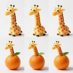 making of an edible giraffe from an orange in 4 steps, each step is a progression from the last, starting from a whole orange, the beautiful'how to make food art step by step collection ', dslr