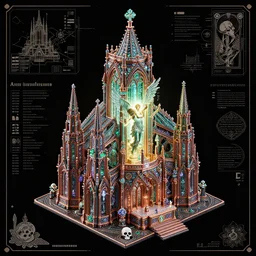 photographic isometric cathedral church altar, lucifer, gothic, baroque, black paper tarot, bringer of glowing light and life and death, skull, mystical, intricate #voxelart ornamental oriental tarot tower floral flourishes, technology meets fantasy, glass, copper, steel, emerald, diamond, amethyst, glass, map, infographic, poster, concept art, octane, 8k insane detail, style of monument valley, wes anderson