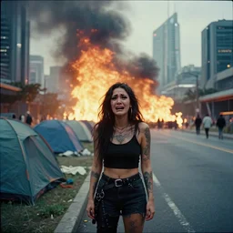 Cinestill 50d candid photography of a city on fire, extreme wide shot of a poor techwear mixed woman wearing thick mascara and makeup crying outside of a futuristic city on fire, cyberpunk, tattoos, homeless tents on the side of the road, extreme long shot, desaturated, full shot, blurry, 4k, 8k, hd, full color