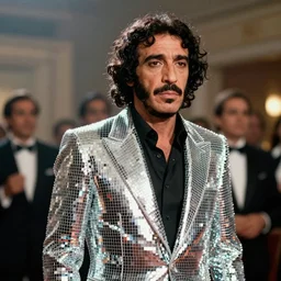 A movie still of Muammar Gaddafi wearing a disco suit in Satuday Night Fever