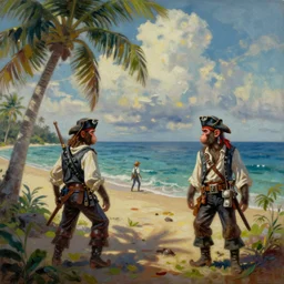 Monkey cowboys pirates and tropical island, retro future, oil paint on canvas