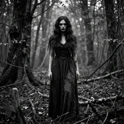 creepy fairy in a dark forest, d & d character design, grainy film black and white by maxim verehin