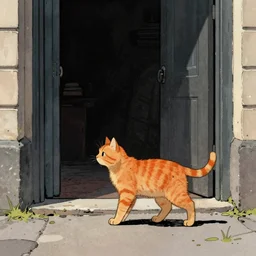 by tove jansson, an orange cat crossing in front of a dim doorway, comic