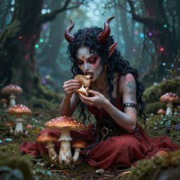 A demonic fairy eating mushrooms in a magical forest