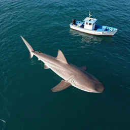 an aerial photograph of a giant shark swimming underneath a small fishing boat. photograph. high quality