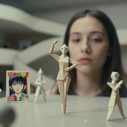 beautiful three point perspective, tilt shift zaha hadid background, film still of funky pop origami character study scene in merce cunningham, extreme closeup portrait in style of frontiers in miniature porcelain photography fashion architectural art studio seinen manga edition, holly herndon origami statue, pointe pose, soft lighting, cinestill 5 0 d, 8 k, 2 0 0 mm, cinematic style by emmanuel lubezki