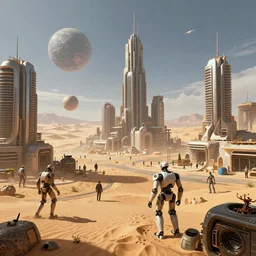 Cyberpunk apocalyptic desert city with robots in a futuristic planet, hypermaximalistic, high details, cinematic, 8k resolution, beautiful detailed, insanely intricate details, artstation trending, octane render, unreal engine,