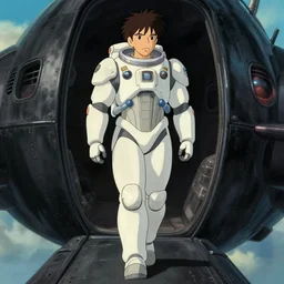 a man with a futuristic white space armor walking out of a black spaceship, in the style of studio ghibli, j. c. leyendecker, greg rutkowski, artem