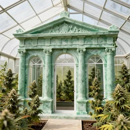 weed greenhouse, rococo style, greek architecture, green marble building, marijuana trees, multicolored weed leaves, dynamic lighting, landscape, artwork by jeremy lipkin and giuseppe dangelico pino and michael garmash and rob rey and greg manchess and huang guangjian and makoto shinkai, pixiv, 1 0 0 mm