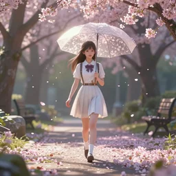 beautiful scene render of a girl is walking in the falling flowers with an umbrella, unreal engine, global illumination, radiant light, detailed and intricate environment, 8 k