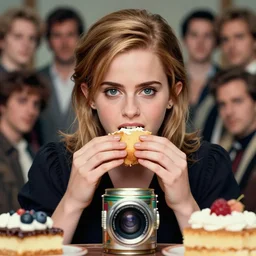 closeup portrait of tin toy tin toy emma watson eating cakes, depth of field, zeiss lens, detailed, symmetrical, centered, fashion photoshoot, by nicoletta ceccoli, mark ryden, lostfish, earl nore, hyung tae, frank frazetta, breathtaking, 8 k resolution, extremely detailed, beautiful, establishing shot, artistic, hyperrealistic, octane render