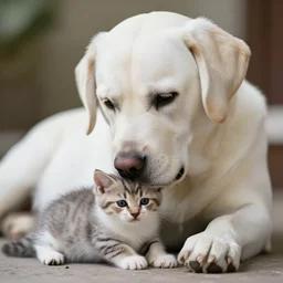award winning photo, white labrador retriever, nuzzling a kitten, 8 k, 3 5 mm, f / 1. 2