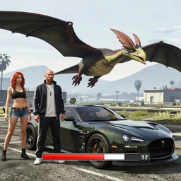 A GTA 5 game loading screen featuring A Pterodactyl, Freddy Jrueger, a redhead Waifu, CHAPPIE in an Adidas track suit, and a TVR Sagaris