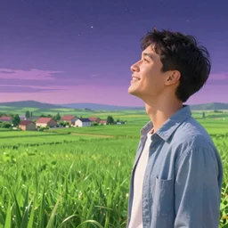 idealized detailed image of a happy man thinking while in a dream-like environment, looking over a landscape of bright, verdant farmland, a quaint little village in the background and starlit skies, the sky has purple/pink undertones and
