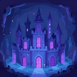 a subterranean magic castle surrounded by a mote, digital illustration, a house of many doors art, digital illustration, flat colors, blue and purple color scheme, pixel trickery studios artwork,
