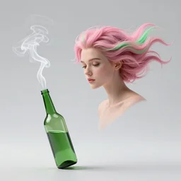 a woman made of smoke comes out of a green bottle. floating pink and green hair, Dan Mumford, Peter Mohrbacher, Alfons Mucha, fantasy character, detailed illustration, hd, 4k, digital art, overdetailed art, concept art, trending on artstation