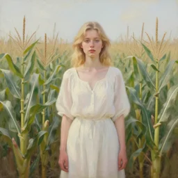 a portrait of a petite blonde woman in a cornfield, oil painting, pale colors, high detail, 8 k, wide angle, trending on artstation,