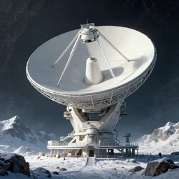 matte painting of a colossal radio telescope on a snowy mountain top, realistic rendering, unreal engine, 4k, hdr, high dynamic range, f12, michael whelan, james gurney, high tech, star wars cavern interior