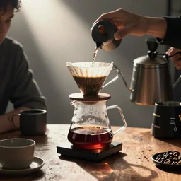 manual coffee V60 brewing, with fellow stagg ekg, on a coffee table, product photography, ad campaign