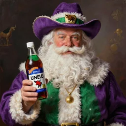 Uncle Aloysius SNAKEOIL brand Santa SIPTECH cellular petroleum vitamin christmas cowboy corporate kitsch promotion, purple green color scheme, edible bull run token drink sponsored by UNCO