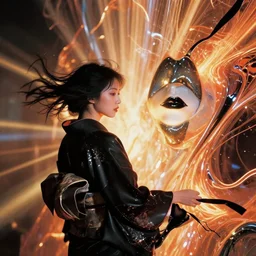 filmstill, over the shoulder, upper body, photography of asian girl model in black kimono, highly detailed, 8 k, epic scene, epic light, neon glows, photography by amy leibowitz, black lips, black ribbons in the wind, latex kimono, warm colors, sculpture, volumetric light, lightbeams, art noveau style, neobrutalistic, liquid acrylic paint fluid, painted by monet, photography, hypperrealistic, beautiful details, shattered body