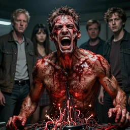 uhd hyperrealistic photorealisitc hyperdetailed detailed mike puking blood, screaming, with sparking circuits, studio lighting, by ayami kojima amano karol bak, greg hildebrandt and mark brooks