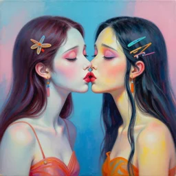 acrylic painting of two bizarre psychedelic sad women kissing in china in summertime, speculative evolution, mixed media collage by basquiat and jackson pollock, maximalist magazine collage art, sapphic art, psychedelic illustration