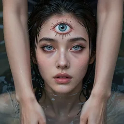 wet three eyed goddess, third eye in middle of forehead, wide shot, wet hairy bodies, wet feet in water, soft colors, wet eye in forehead, pins, beautiful lighting, very detailed, wet eyes reflecting into eyes reflecting into infinity