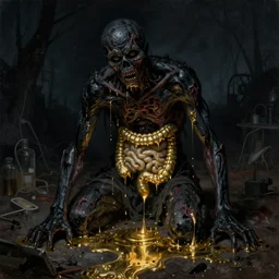 sci - fi lab at dark night gustave coubert painting style of black onyx skin horror zombie dressed in rags exposed guts crawling in two legs and dripping golden metalic fluid from intestine into a puddle of golden liquid on the floor. - s 2 7 3 8 9 0 7 4 1 3