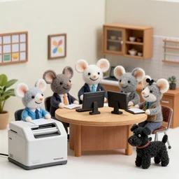 a happy accounting firm staffed by different types of smiling hyper-realistic felted toy mice, with a xerox machine, computers, kitchenette and conferenceroom, with a small black woolly terrier dog as the manager, colourful, playful, miniature