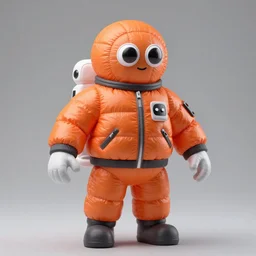 still figurine of a tall giant inflated astronaut wearing over sized orange puffy bomber jacket, googly eyes, tareme eyes, personification, dynamic pose, detailed product photo, tone mapped, beautiful composition, 8 5 mm, f 5. 8, soft lighting