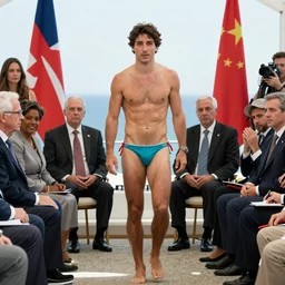 justin trudeau. he is wearing a bikini. world leaders meeting,