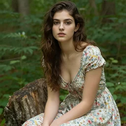 closeup portrait of an attractive young lady wearing a floral dress, sitting on a treestump in the woods, by Jean-Leon Gerome
