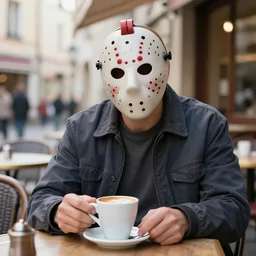 photograph of jason voorhees having a coffee at an outdoor european café