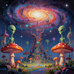 aliens, psychedelic mushrooms, enchanted alien world, galaxy in the sky, bright colors, wide angle shot, vector art, by frank frazetta and salvador dali