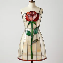 a dress made from stained glass in the design of a rose on a mannequin