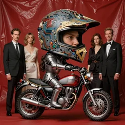 portrait of a knight in a ornate motorcycle dirt helmet circuitboard, background red plastic bag, rich deep colors, ultra detail, by francis bacon, james ginn, petra courtright, jenny saville, gerhard richter, zdzisaw beksinsk, takato yamamoto. masterpiece, elegant fashion studio ighting 3 5 mm