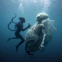 a giant mandala pale alien embryo fighting an anatomical human, wrapped in black tentacles, floating in foggy water, deep dive in the ocean, bubbles rising, photo realistic, fantasy art, volumetric lighting, by charlie bowater, by karol bak