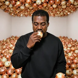 Kanye West biting into an onion inside a spacious room filled to the ceiling with onions. In his free hand he holds a sign that reads I love onions!, candid photo taken with an iPhone camera