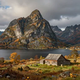 a mountainside in autumn, an old farm near a lake, by hans gude, by adolph tidemand, norwegian romantic nationalism