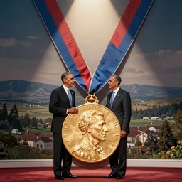 president obama awarding president obama a medal on a necklace