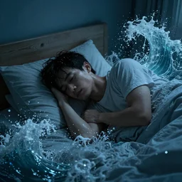 “man asleep in bed having nightmare while bedroom fills with ocean waves”