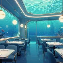 a beautiful, sharp focus, clean lines. the interior of an art deco undersea restaurant. vaporwave ombre rendering. outrun style. trending on artstation. recommended for you behance. by chris moore. by edward hopper. ambient occlusion. digital matte painting. metropolis filmic. gotham city.