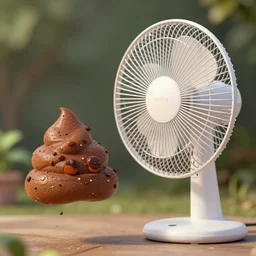 flying brown poop meets large white midea fan midair, trending on artstation, 4 0 mm photo, extremely detailed