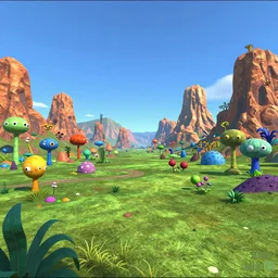 vhs footage of a colorful alien world, with absurd looking mountains and terrain, green grass, and lots of weird alien plants, bright blue sky, wide angle view, dr seuss inspired