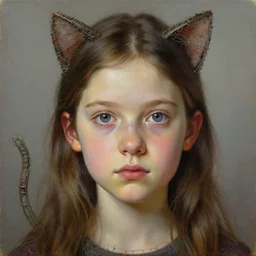 A portrait of a sincere-looking girl, oil on canvas, wearing a cat made by wires ,masterpiece, hi-fructose, artgerm , Norman rockwell, craig mullins, n, trending on pxiv, highly detailed face, clear eyes concept art, hdri, 4k-