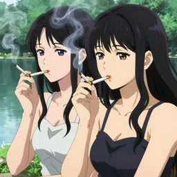 two beautiful lesbian girls in love, smoking a hemp cigarette with smoke, sitting in front of a lake, in the style of anime, close - up, highly detailed face, 4 k, pixiv, intricate, elegant, highly detailed, lush, stylized, japanese, smooth