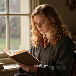 portrait of Emma Watson as Hermione Granger sitting next to a window reading a book, focused expression, golden hour, art by Kenne Gregoire, trending on artstation